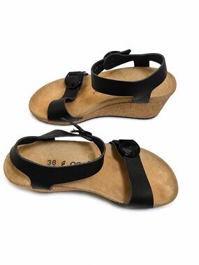 Papillio Black Leather Cork Wedge Sandals with Buckle Strap